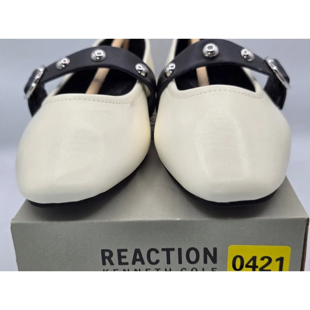 Kenneth Cole Reaction Maxi Flats Womens 6.5 Ecru Black Studded Mary Jane - New